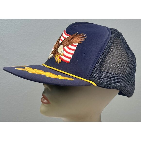 VTG NISSIN Navy American Flag Eagle Leaf Embroidery Snapback Mesh TRUCKER CAP - Picture 2 of 8
